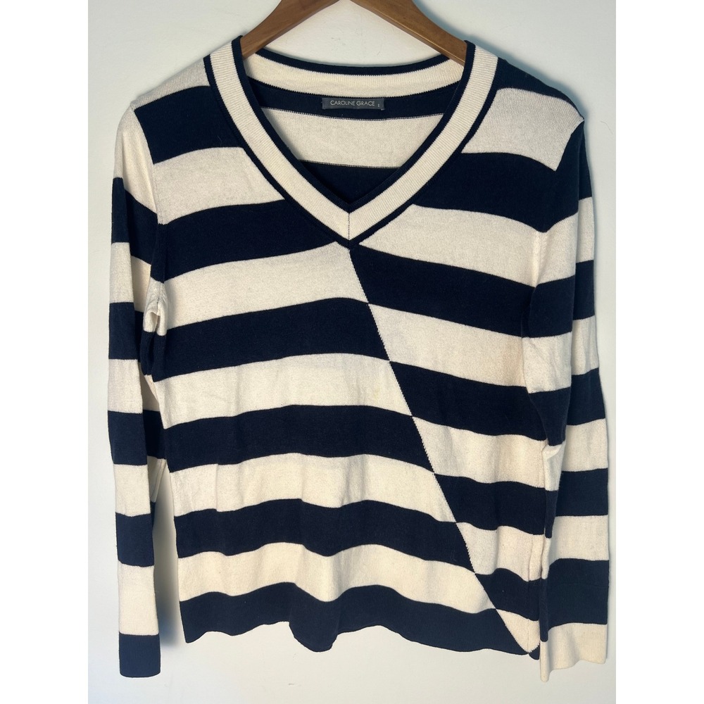 Caroline Grace Sweater Wm S Navy White Stripe Cotton Cashmere V-Neck Luxury Chic